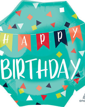 Hexagonal teal balloon with 'Happy Birthday' text and colorful flags, featuring Anagram logo.