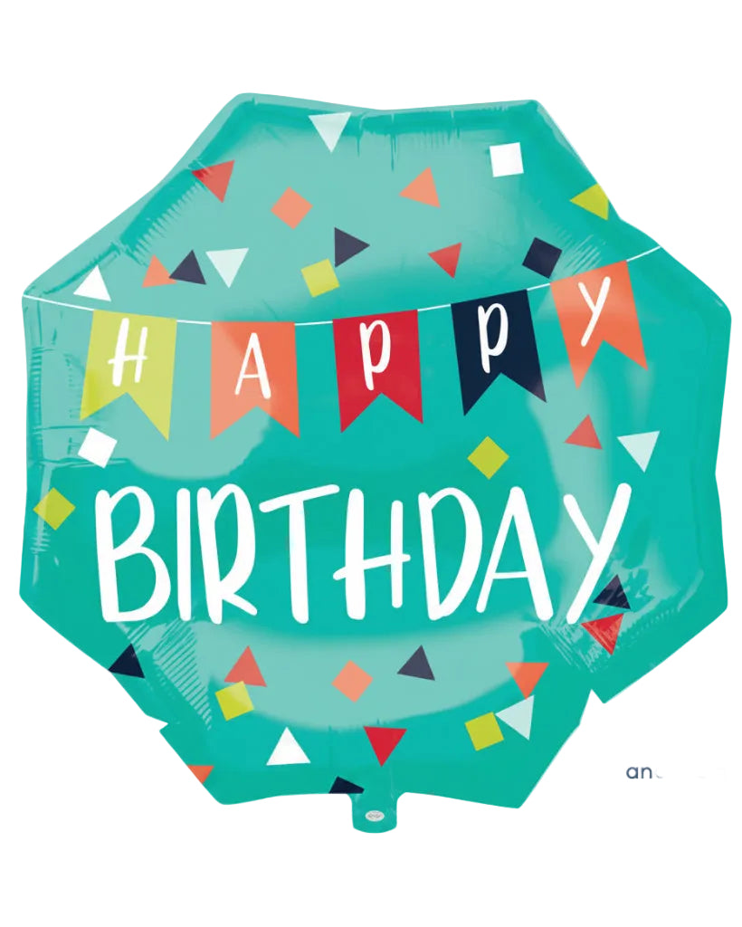 Hexagonal teal balloon with 'Happy Birthday' text and colorful flags, featuring Anagram logo.