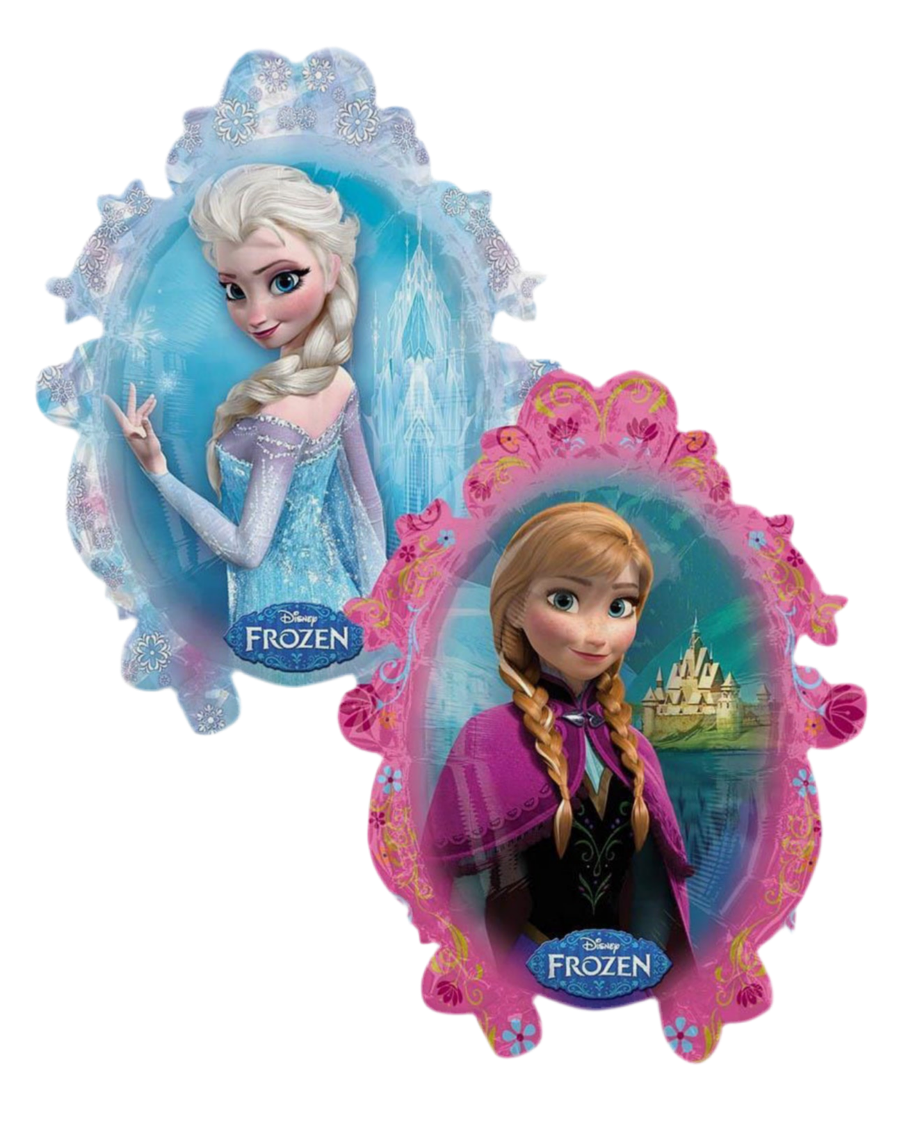 Two Disney Frozen character figurines in decorative frames on a white background