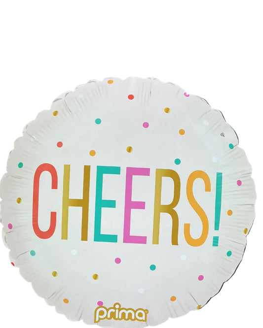 Round balloon with 'CHEERS!' text in colorful letters and polka dots on a white background, branded with 'prima'.