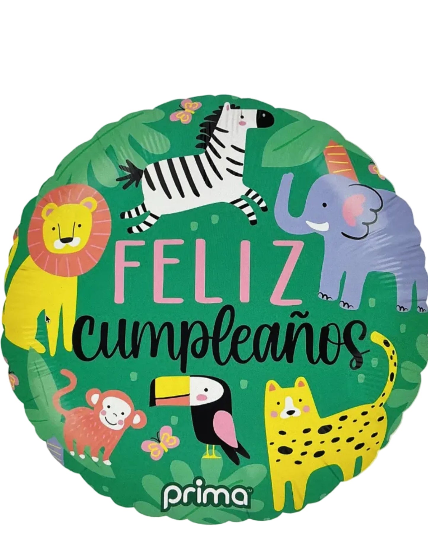Decorative balloon with animals and 'Feliz cumpleaños' text on a green background