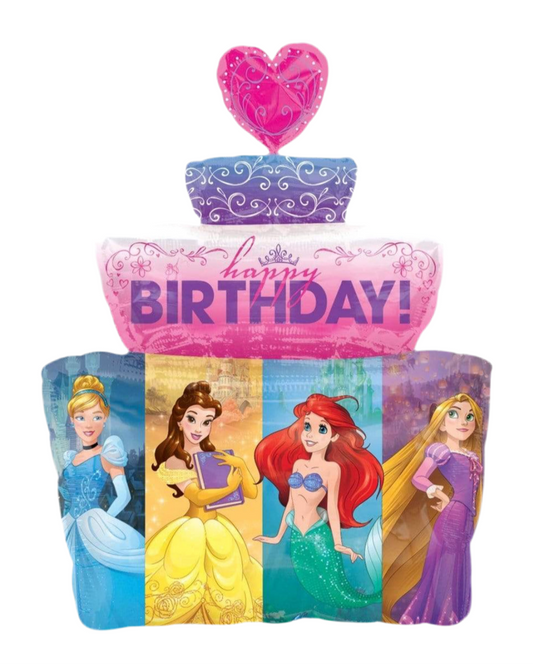 Disney Princess-themed birthday balloon with four characters on a white background