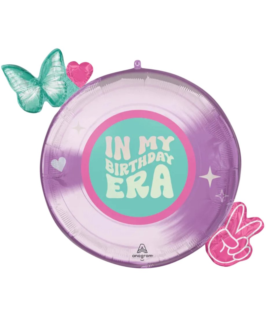 Round balloon with 'In My Birthday Era' text, butterfly, heart, and peace sign decorations on a white background.