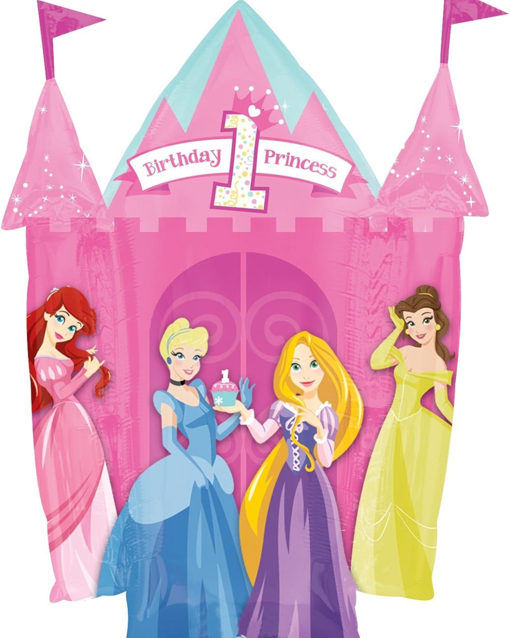Pink castle-shaped balloon with Disney princesses and '1st Birthday Princess' text.