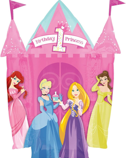 Pink castle-shaped balloon with Disney princesses and '1st Birthday Princess' text.