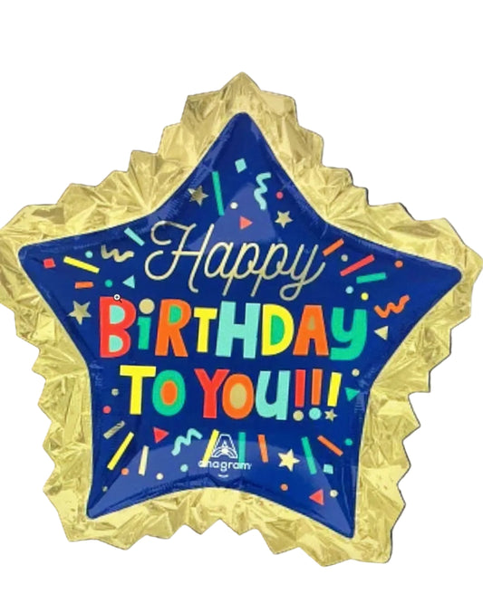 Star-shaped birthday balloon with colorful text on a white background
