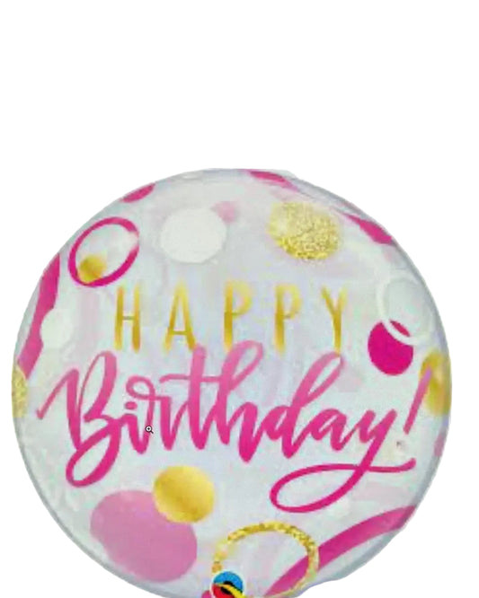 Round balloon with 'Happy Birthday' text and colorful designs on a white background