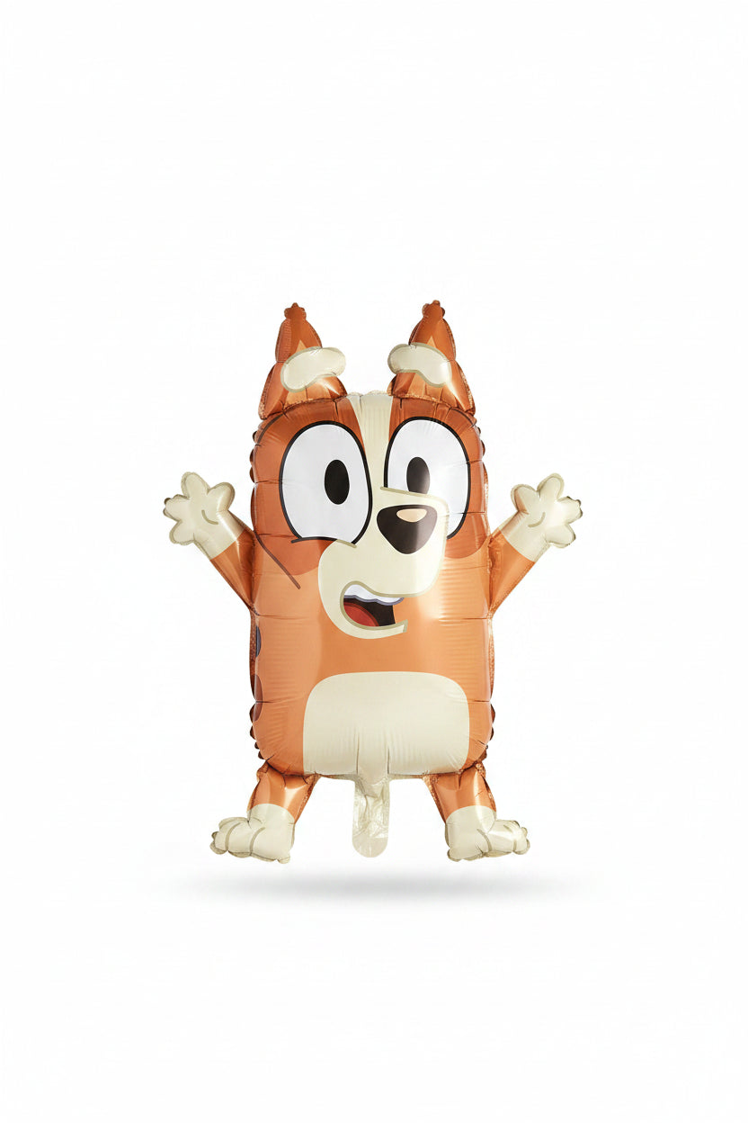 Supershape balloon featuring a cartoon dog character with 'Bluey' branding.