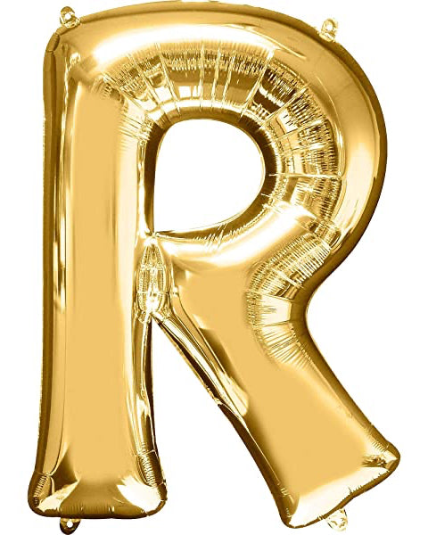 Gold letter 'R' balloon on a white background
