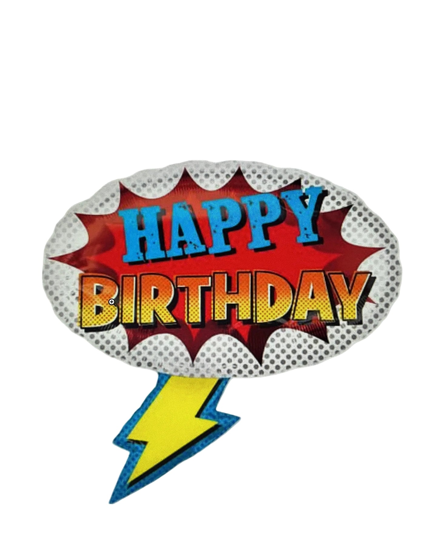 Colorful 'Happy Birthday' balloon with a lightning bolt on a white background