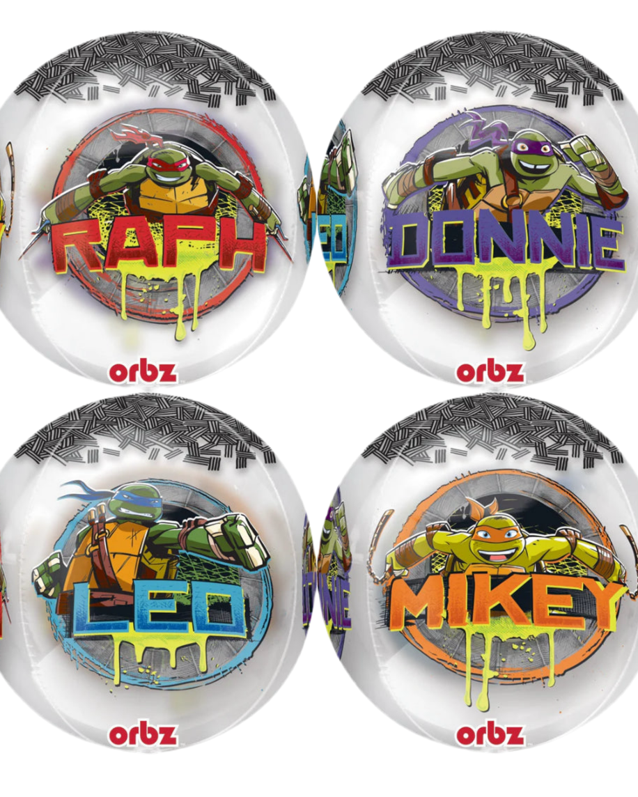 Four round stickers featuring cartoon turtles with names and 'orbz' branding on a white background.