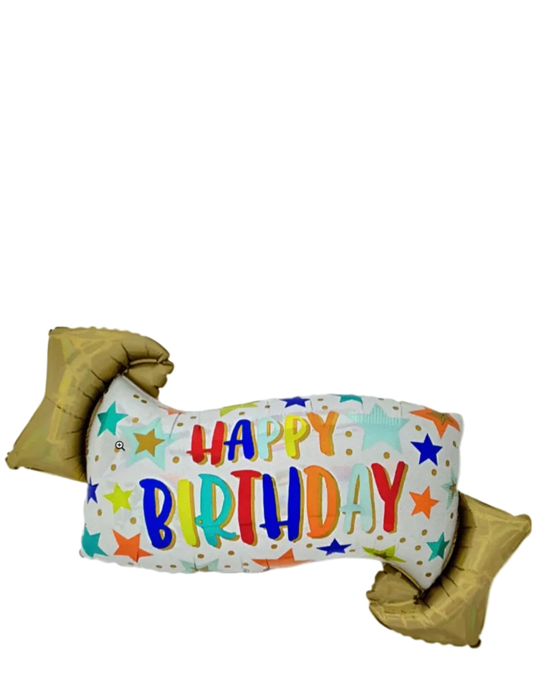 Inflatable pillow with 'Happy Birthday' text and colorful stars on a white background