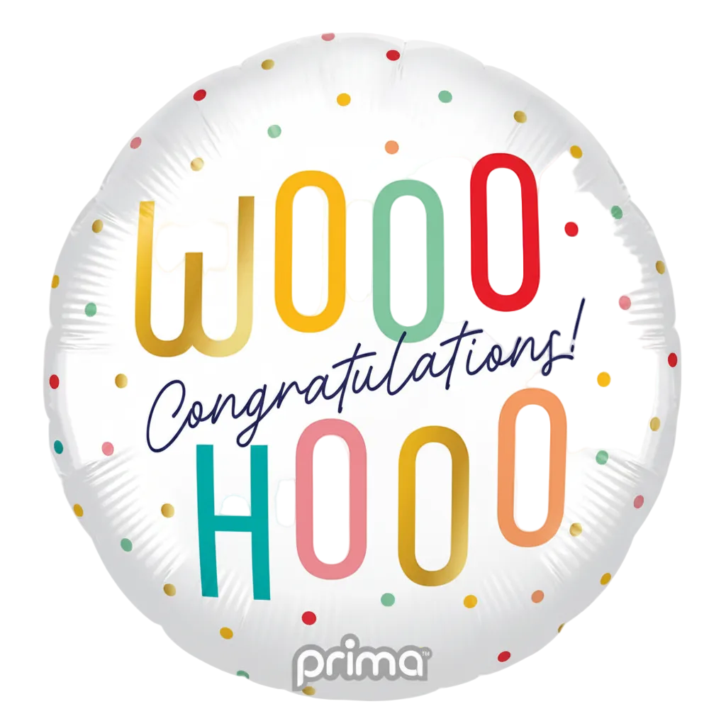 Decorative balloon with colorful text 'WOOO Congratulations! HOOO' and 'prima' branding.