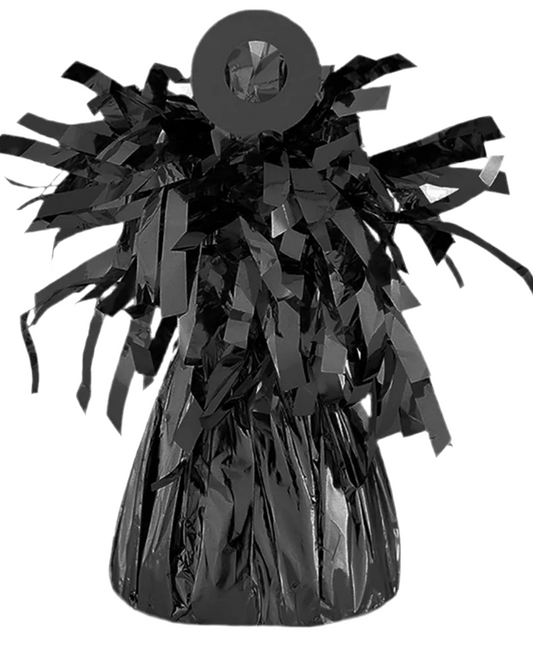 Black tinsel balloon weight on a white background