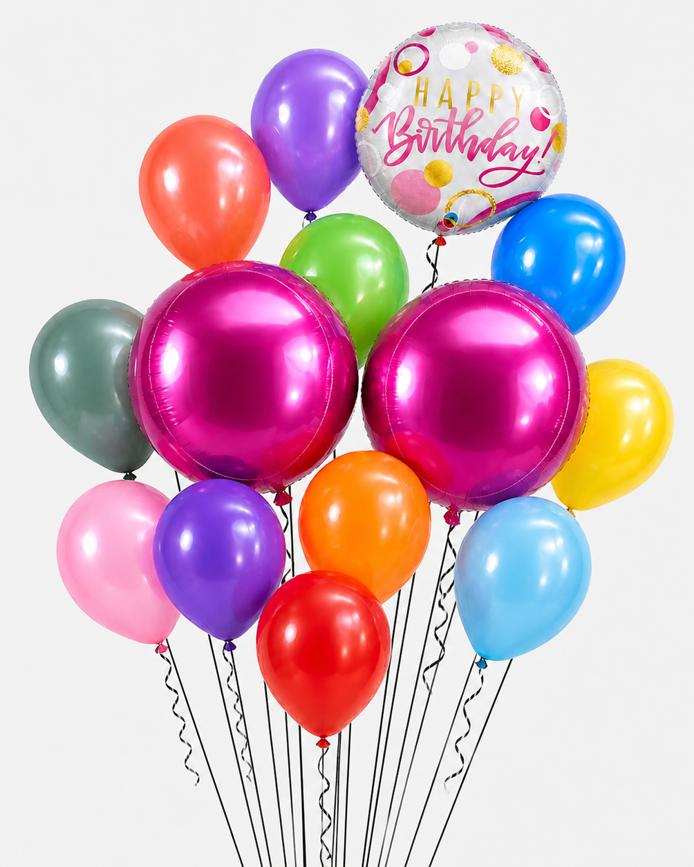 Balloon Bouquet with multi colored balloons and two pink orb balloons and a white happy birthday balloon with gold and pink writing.