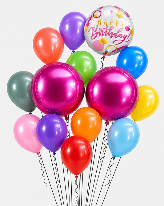 Balloon Bouquet with multi colored balloons and two pink orb balloons and a white happy birthday balloon with gold and pink writing.