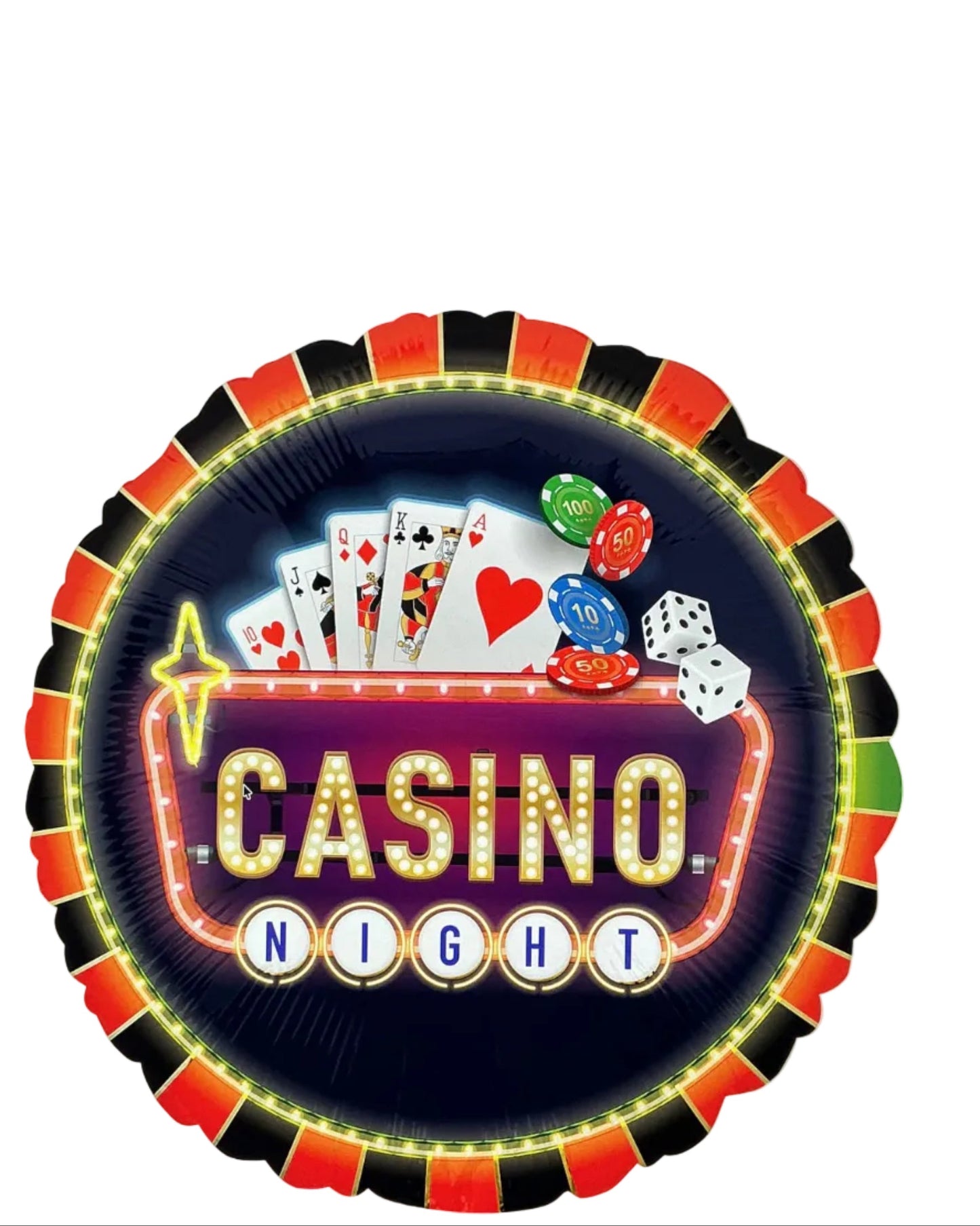Decorative balloon with 'Casino Night' text and gaming elements on a white background