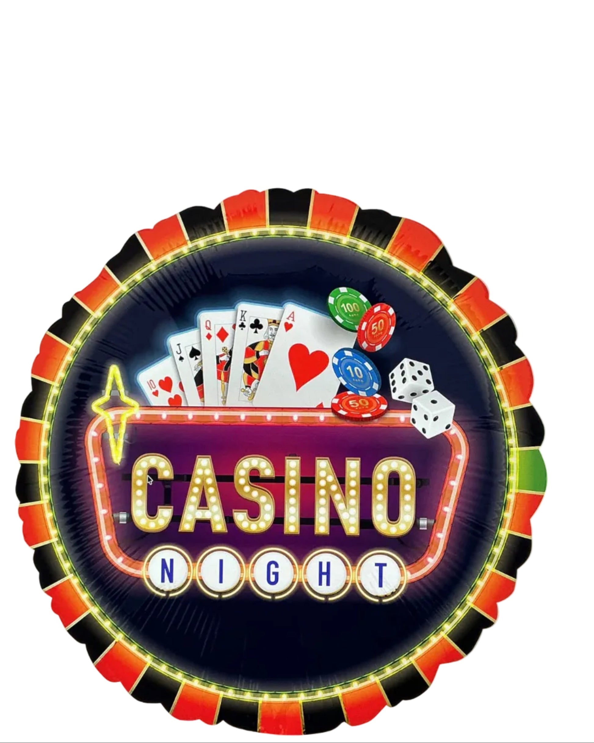 Decorative balloon with 'Casino Night' text and gaming elements on a white background
