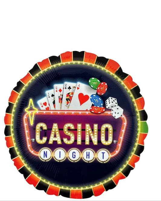 Decorative balloon with 'Casino Night' text and gaming elements on a white background