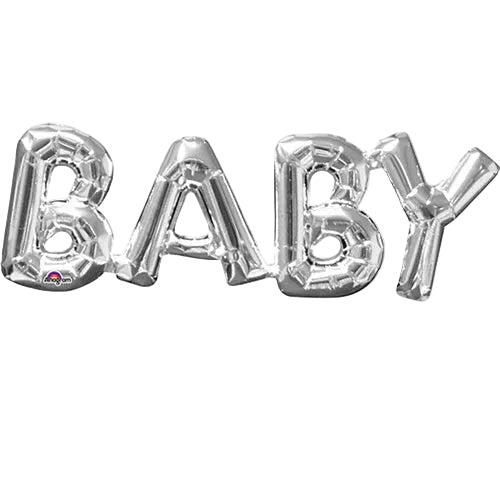 Silver 'BABY' balloon letters on a white background