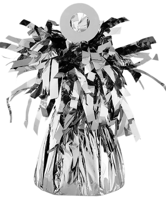 Silver tinsel pom-pom decoration on a white background