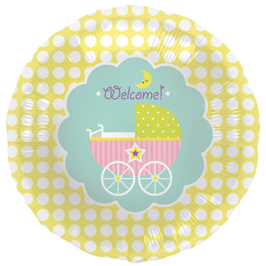 Round paper plate with baby carriage design and polka dot border on a white background