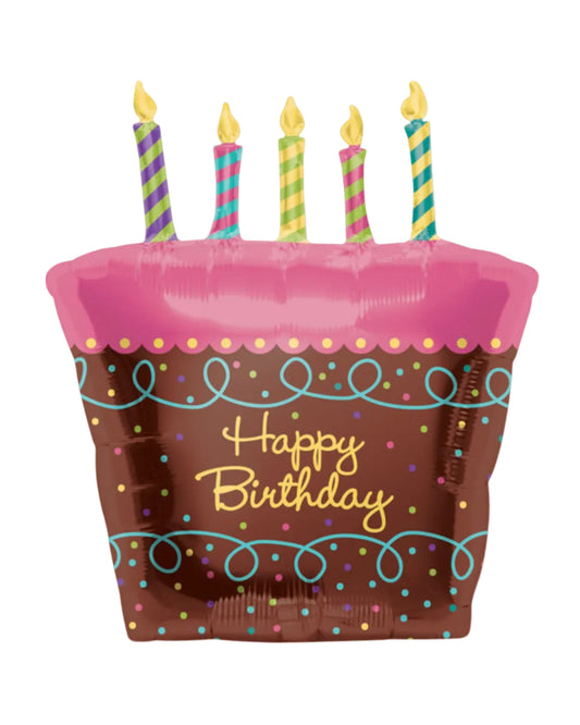 Balloon shaped like a birthday cake with candles and 'Happy Birthday' text on a white background