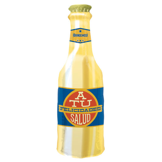 Yellow bottle with colorful label on a white background