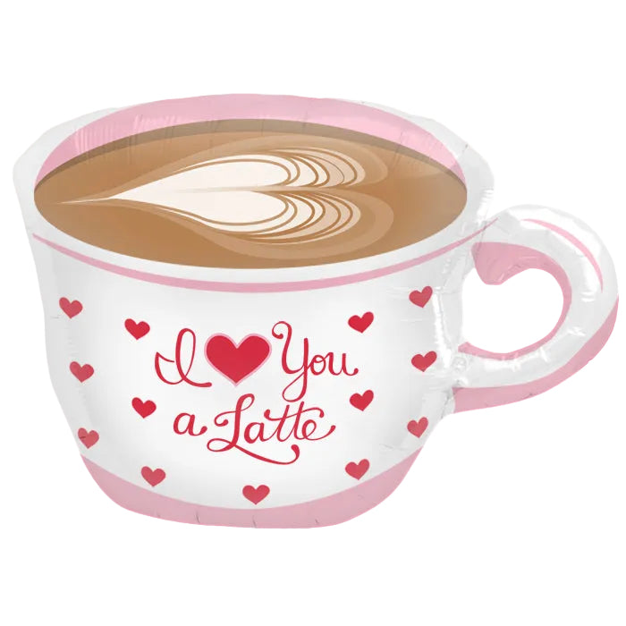 Cup of coffee with heart designs and 'I love you a latte' text on a white background