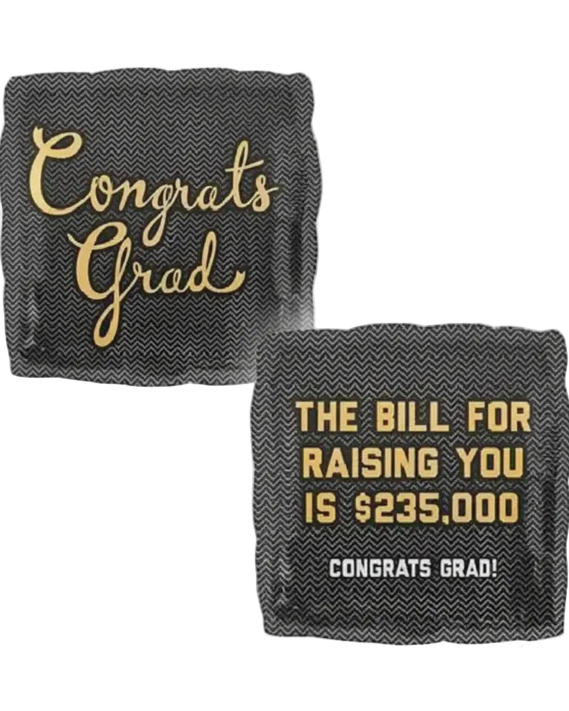Two black and gold graduation-themed towels with text on a white background