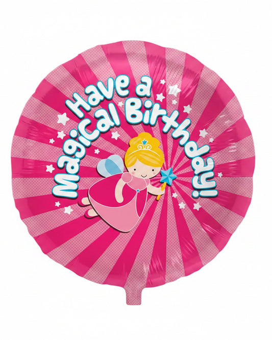 A round pink party paper plate or balloon with a birthday theme, featuring a cartoon princess fairy, stars, and the text 'Have a Magical Birthday!' in blue letters on a pink sunburst background.