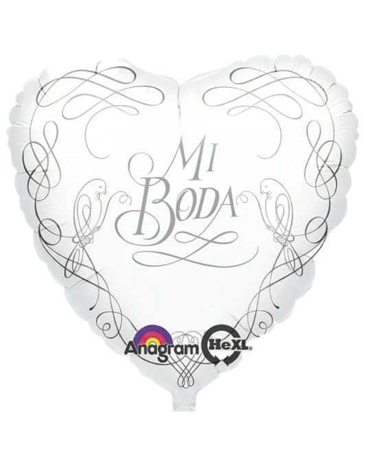 Heart-shaped balloon with 'Mi Boda' text and Anagram Hexx logo on a white background