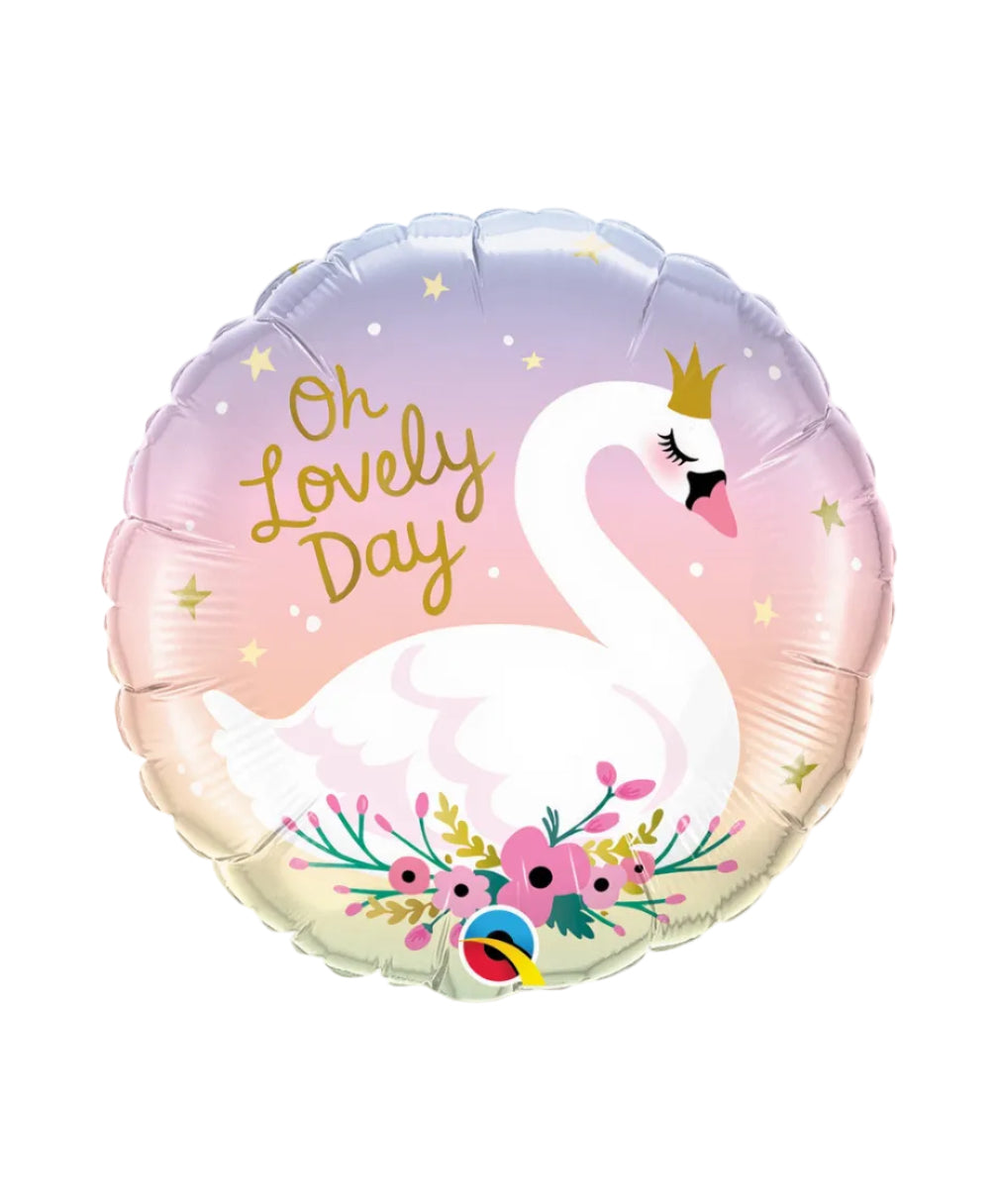 Foil balloon with a swan design and 'Oh Lovely Day' text on a white background
