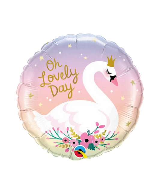 Foil balloon with a swan design and 'Oh Lovely Day' text on a white background