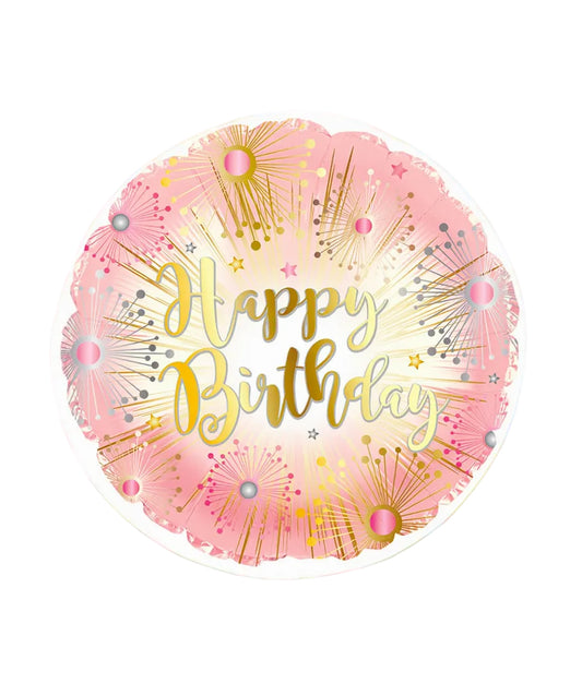 Decorative balloon with 'Happy Birthday' text on a pink and gold background