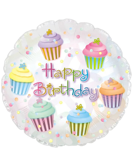 Round balloon with colorful cupcakes and 'Happy Birthday' text on a white background