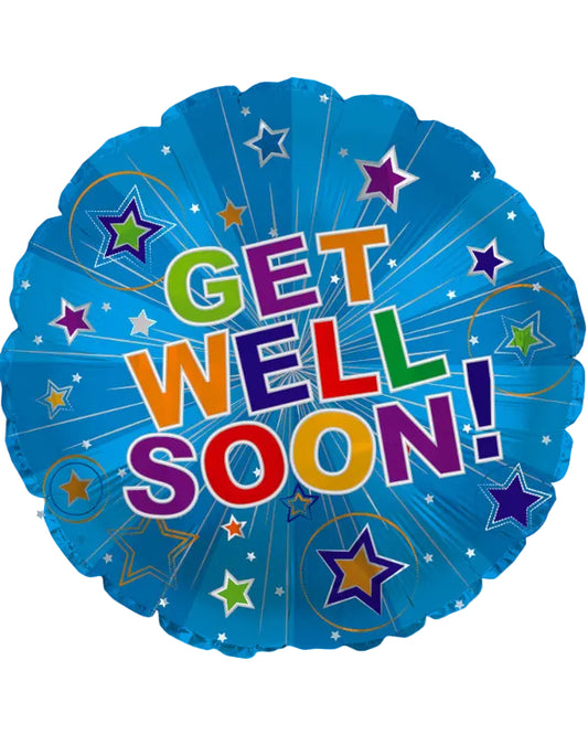 Colorful 'Get Well Soon!' balloon with stars on a blue background