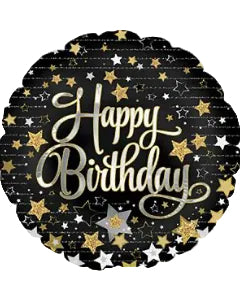 Black balloon with gold and silver stars and 'Happy Birthday' text