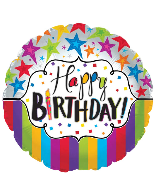 Colorful birthday balloon with 'Happy Birthday!' text and star decorations