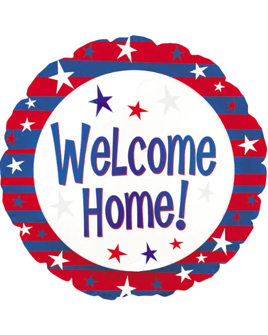 Round sign with 'Welcome Home!' text surrounded by red, white, and blue stars on a white background