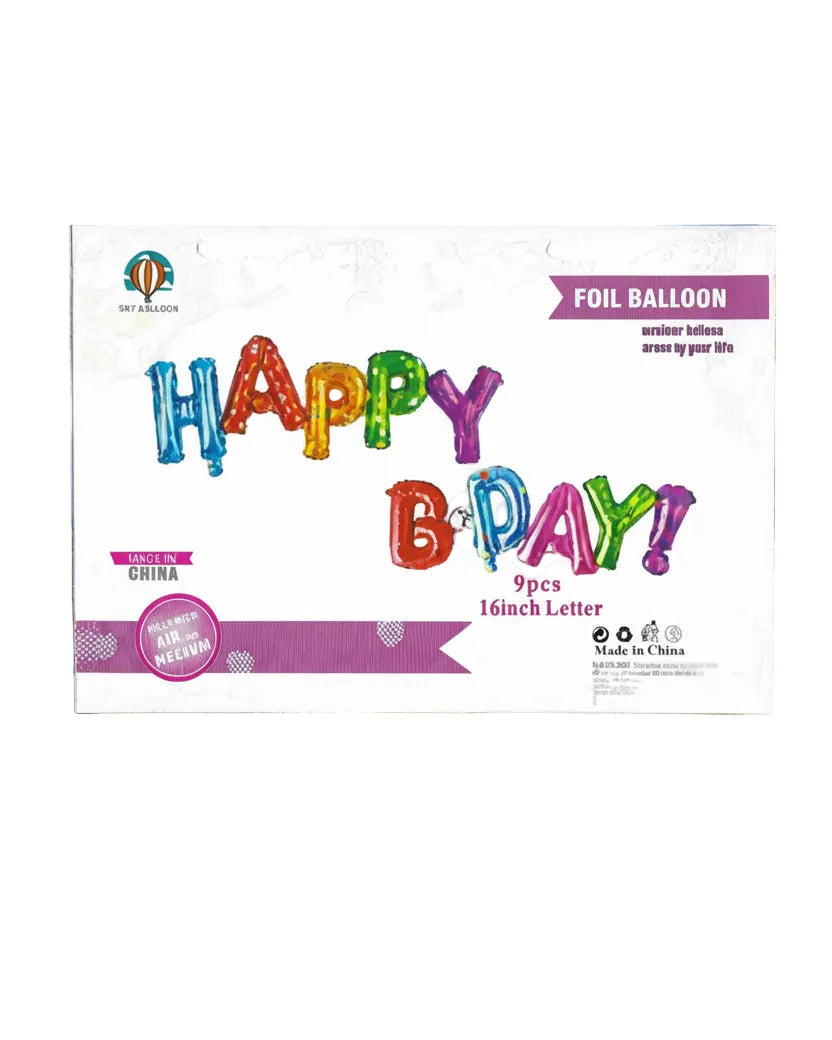 Foil balloon set spelling 'Happy Birthday' with packaging details on a white background