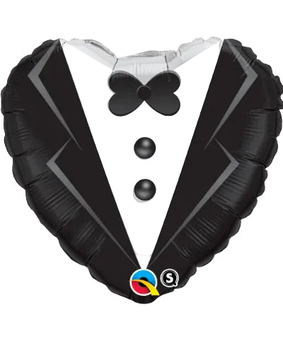 Balloon shaped like a tuxedo with a bow tie on a white background