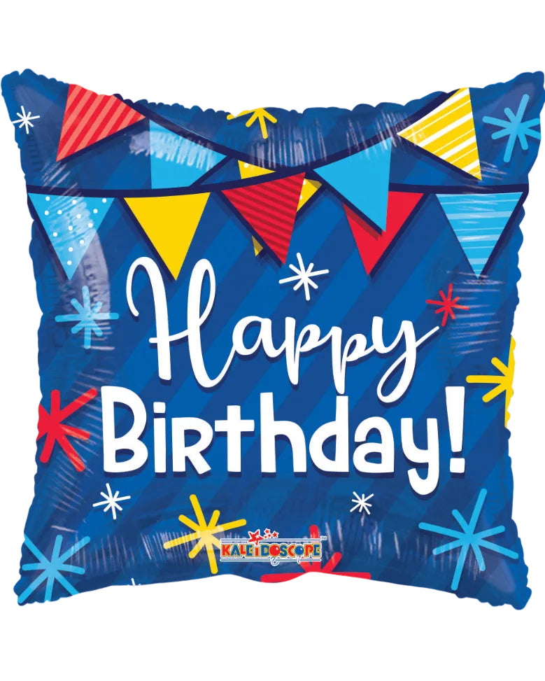 Blue birthday balloon with colorful flags and 'Happy Birthday!' text
