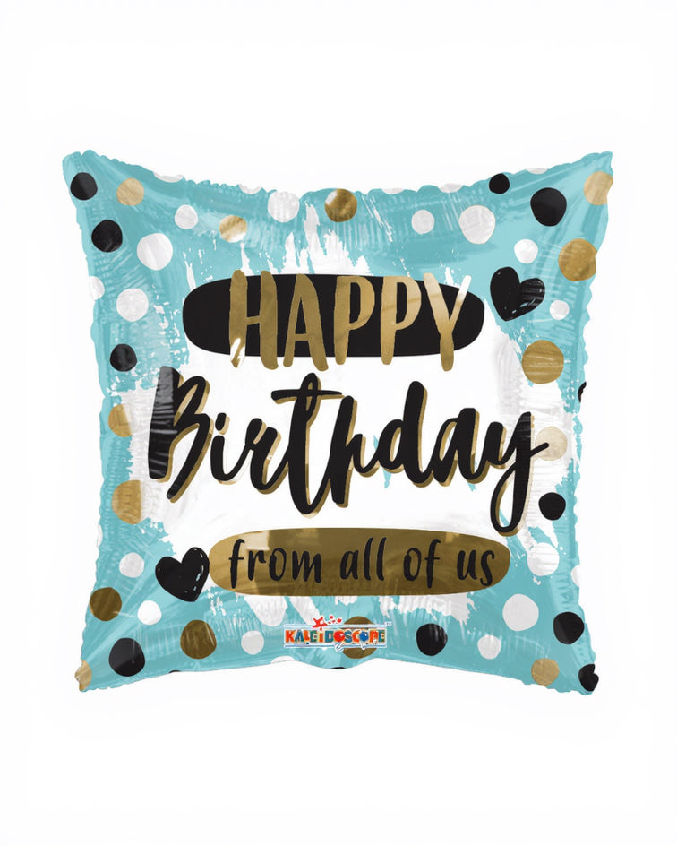 Balloon with 'Happy Birthday from all of us' text on a blue background with polka dots