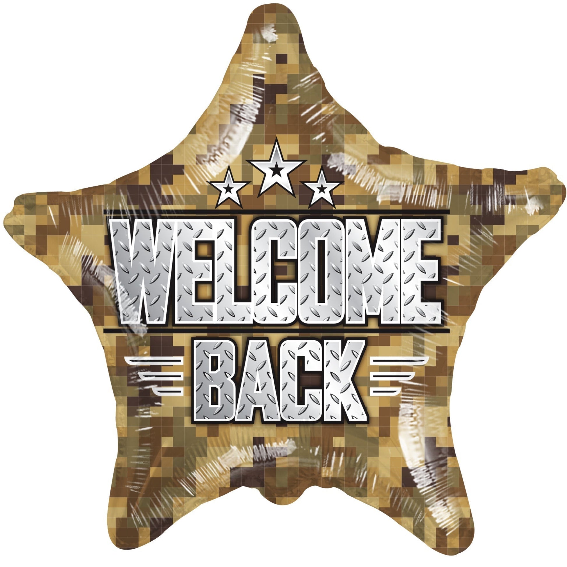 Star-shaped balloon with 'Welcome Back' text and camouflage pattern on a white background