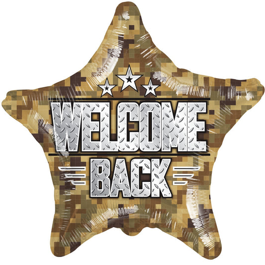 Star-shaped balloon with 'Welcome Back' text and camouflage pattern on a white background