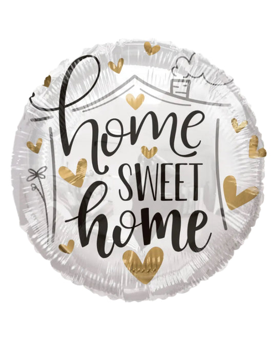 Round balloon with 'home sweet home' text and gold hearts on a white background