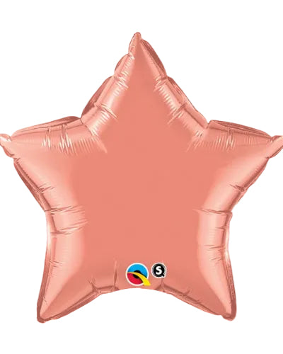 Rose gold star-shaped balloon with a visible brand logo on a white background