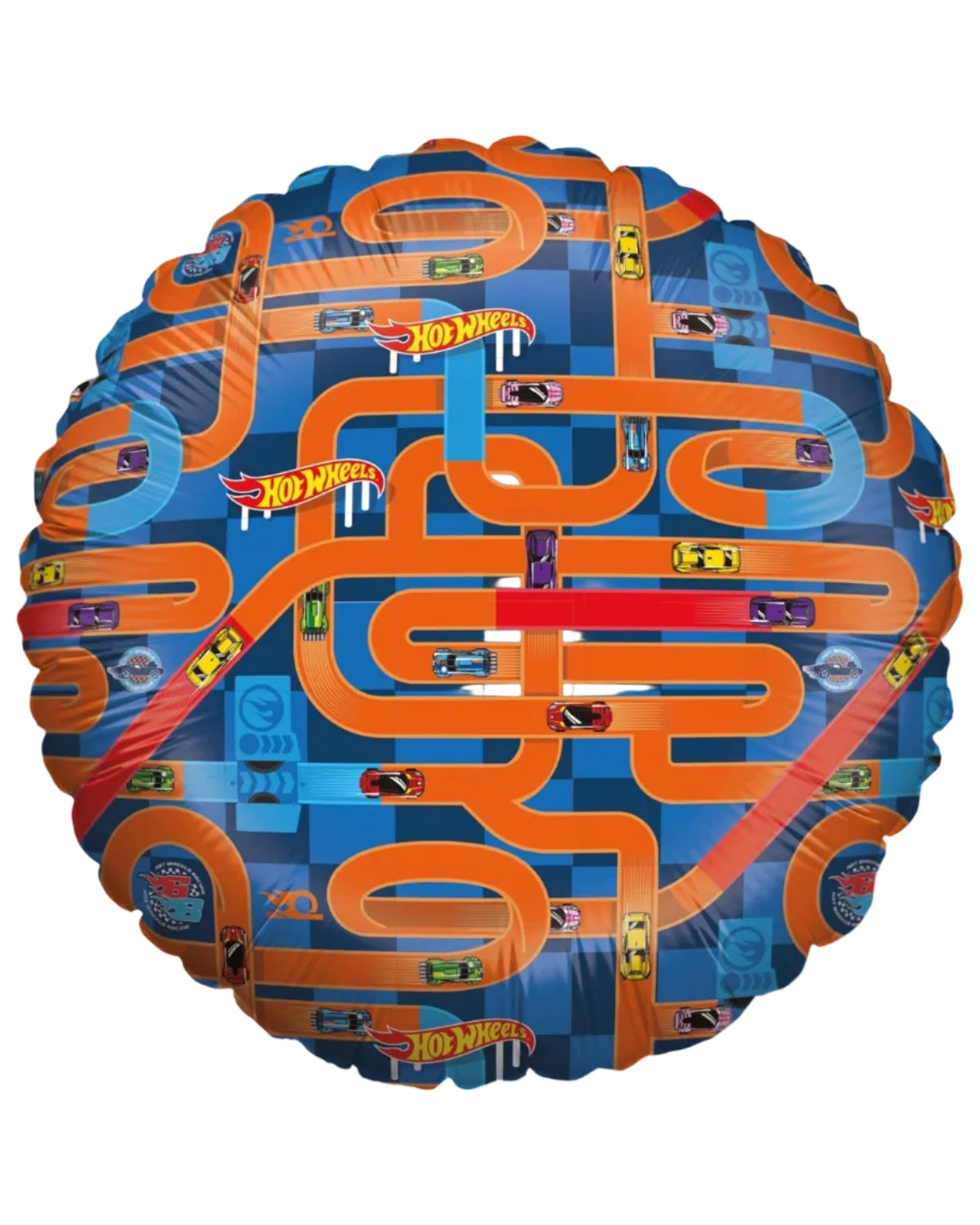 Hot Wheels-themed balloon with orange and blue tracks and cars on a white background