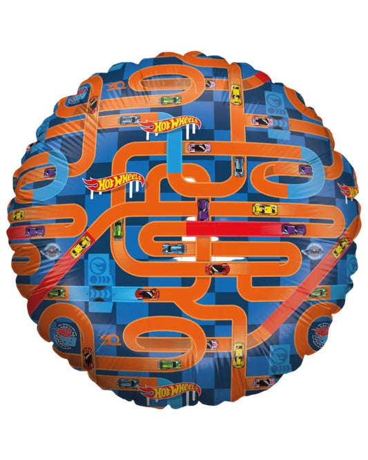 Hot Wheels-themed balloon with orange and blue tracks and cars on a white background